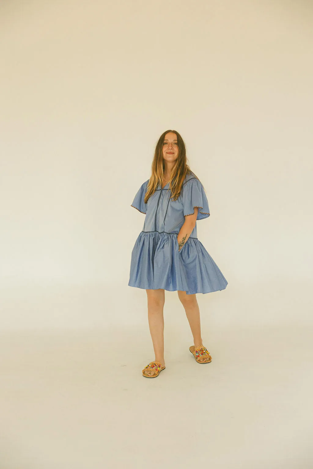 Solid V-Neck Contrast Emb Trim Tier Dress