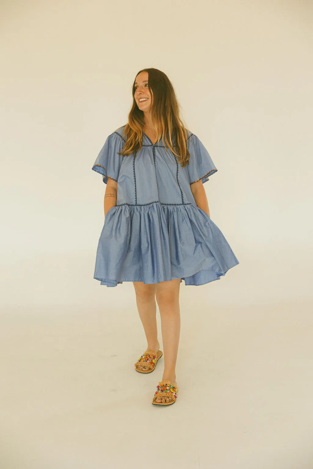 Solid V-Neck Contrast Emb Trim Tier Dress