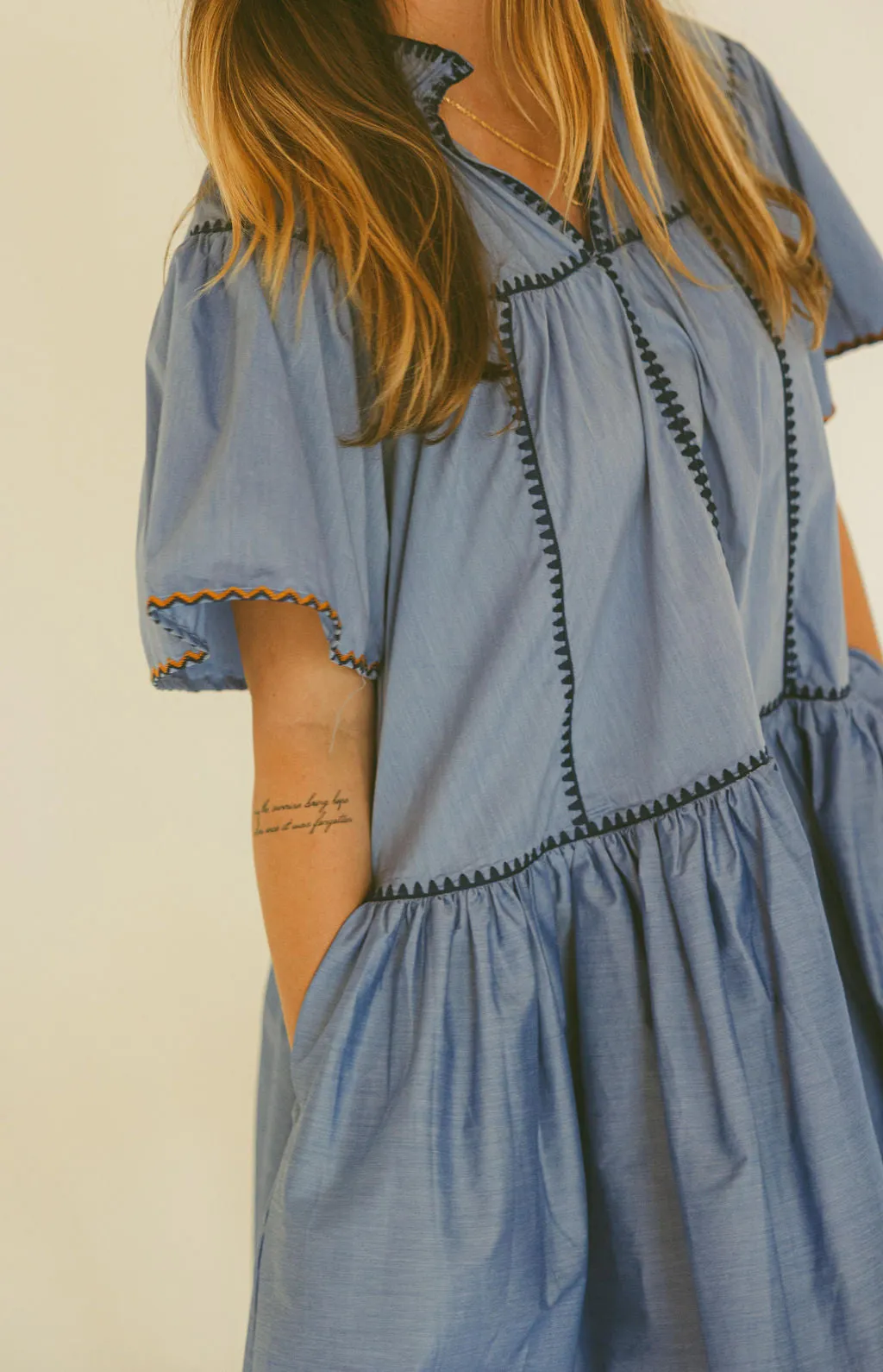 Solid V-Neck Contrast Emb Trim Tier Dress