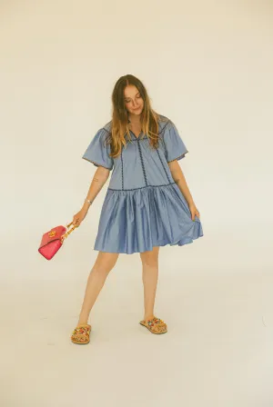 Solid V-Neck Contrast Emb Trim Tier Dress