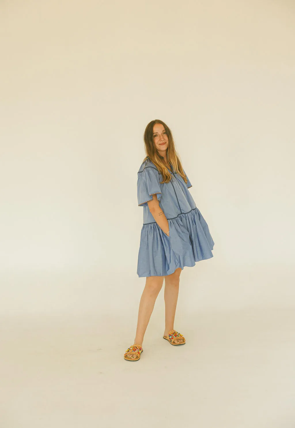 Solid V-Neck Contrast Emb Trim Tier Dress