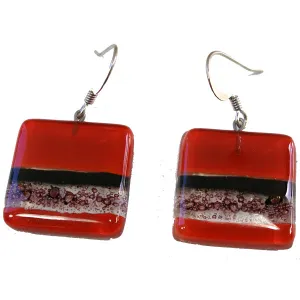 Square Fused Glass Earrings Red and Bubbles Design Tili Glass