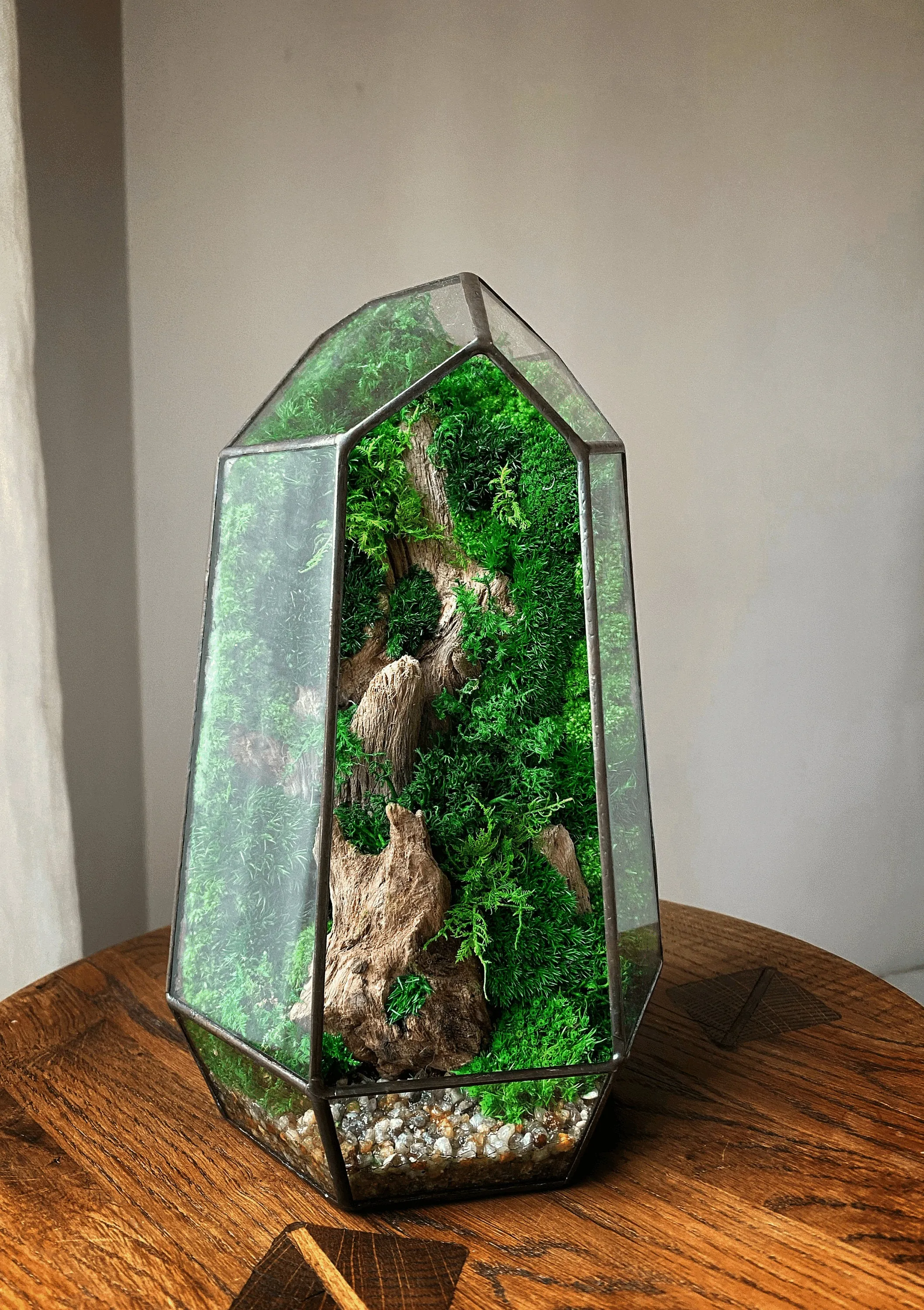 Terrarium with preserved moss art