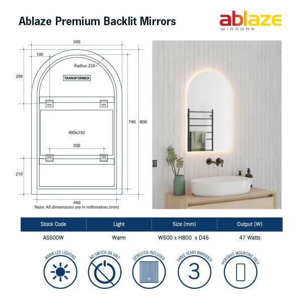 Thermogroup Backlit Arch Shape LED Mirror 500x800 with Warm or Cool Light and Demister