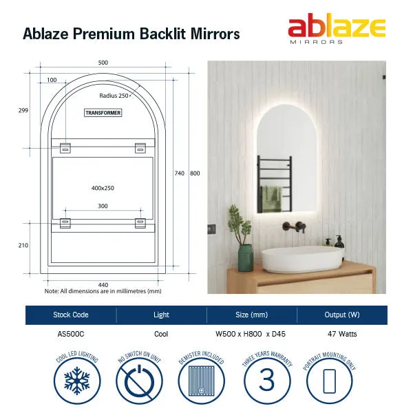 Thermogroup Backlit Arch Shape LED Mirror 500x800 with Warm or Cool Light and Demister