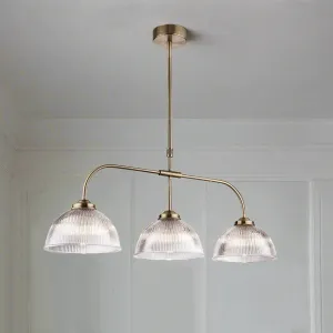 Traditional 3 Light Pendant - Ribbed Glass & Brass - 84 cm