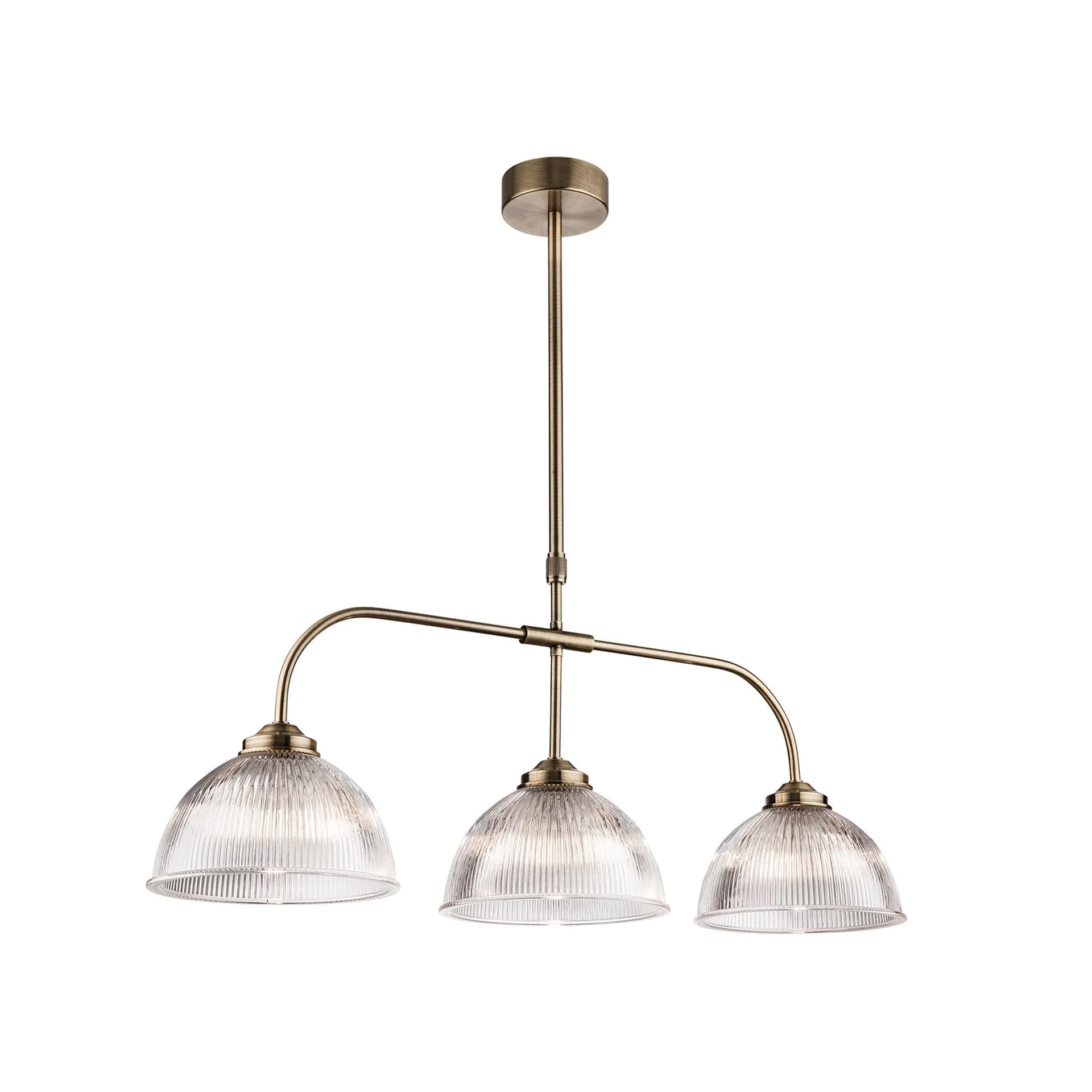 Traditional 3 Light Pendant - Ribbed Glass & Brass - 84 cm
