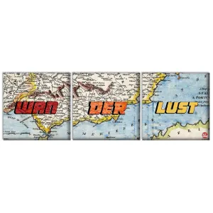 Wall Art Decor Hanging Panels Set Of 3 -Wanderlust Map Design